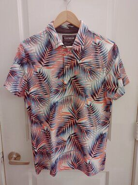 EXPRESS Tropical Palm Cotton Stretch Moisture Wicking Polo - Medium